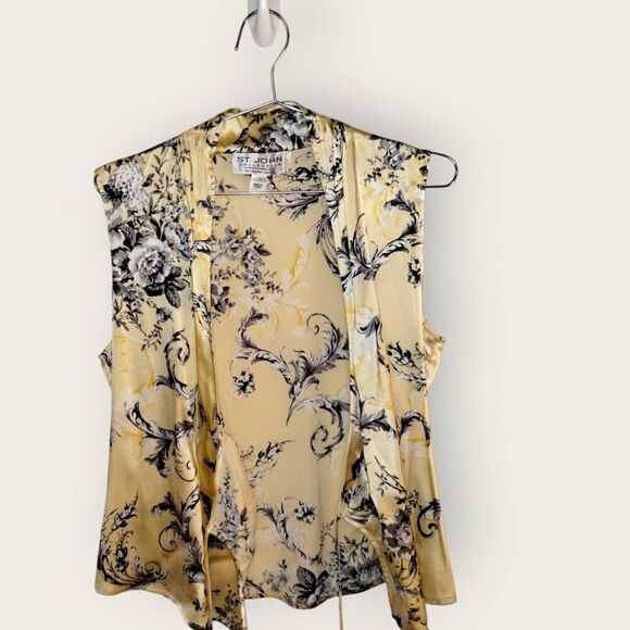 St. John Womens Top Sz 10 Butter Yellow Floral  Crossover Tie Blouse Royalty Vtg - Picture 5 of 11